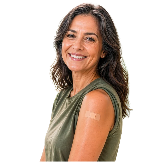 Mulher sorrindo com curativo no braço após se vacinar
